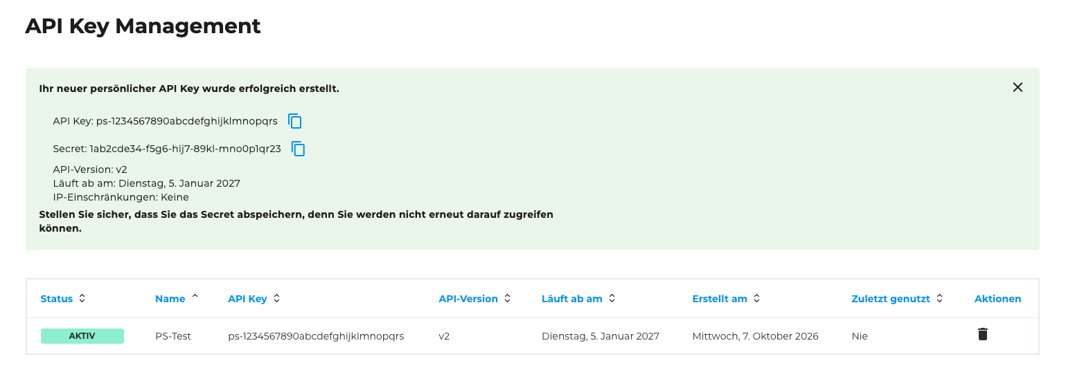 API-Key-Übersicht: Neuer API Key