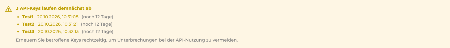 API-Key-Übersicht-Banner: API Keys laufen ab