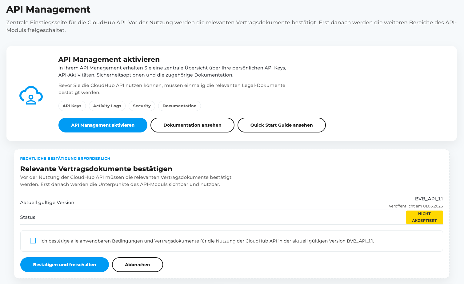 API Bedingungen und Vertragsdokumente akzeptieren
