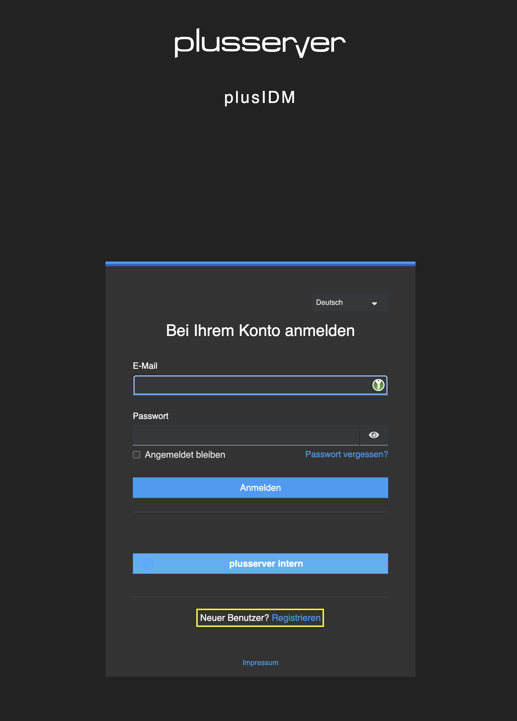 plusIDM - Anmeldeseite mit Link zur Registrierung