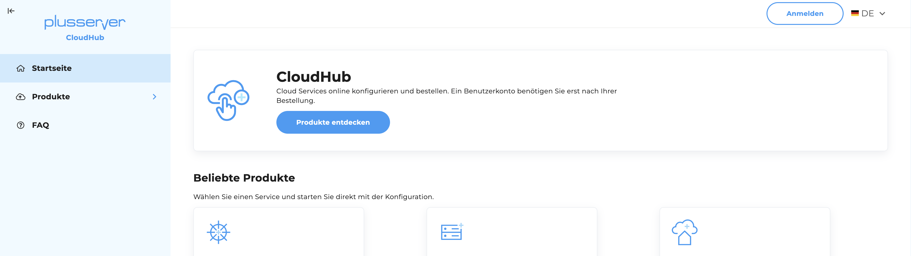 CloudHub - Startseite mit Anmelden-Button