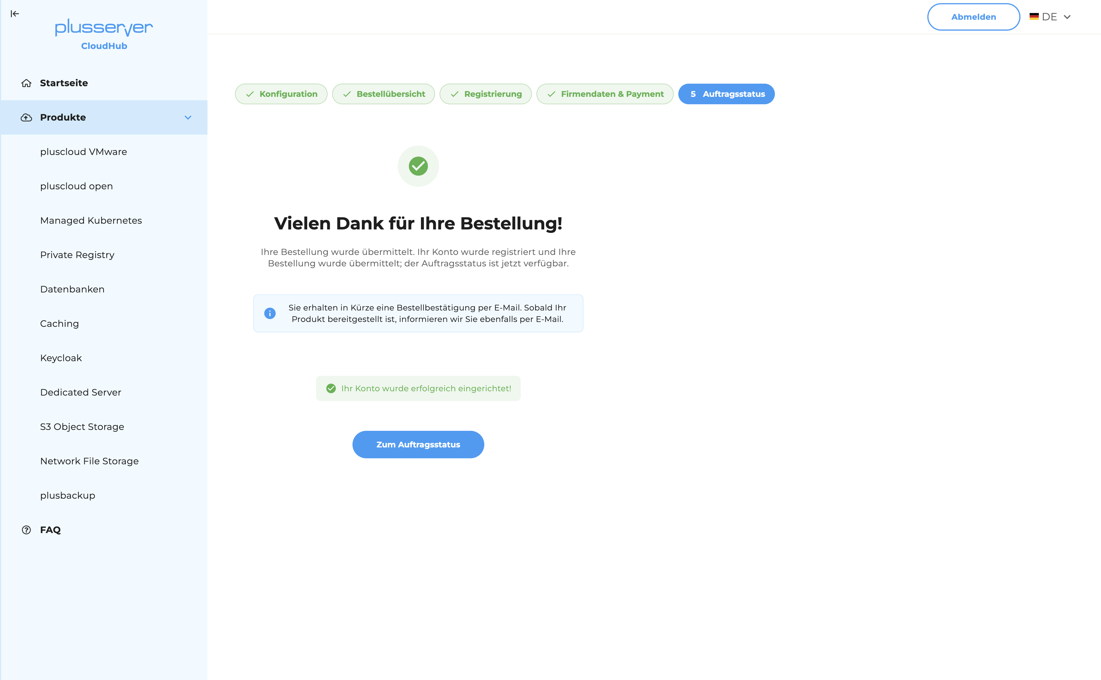 CloudHub - Bestellung abgeschlossen