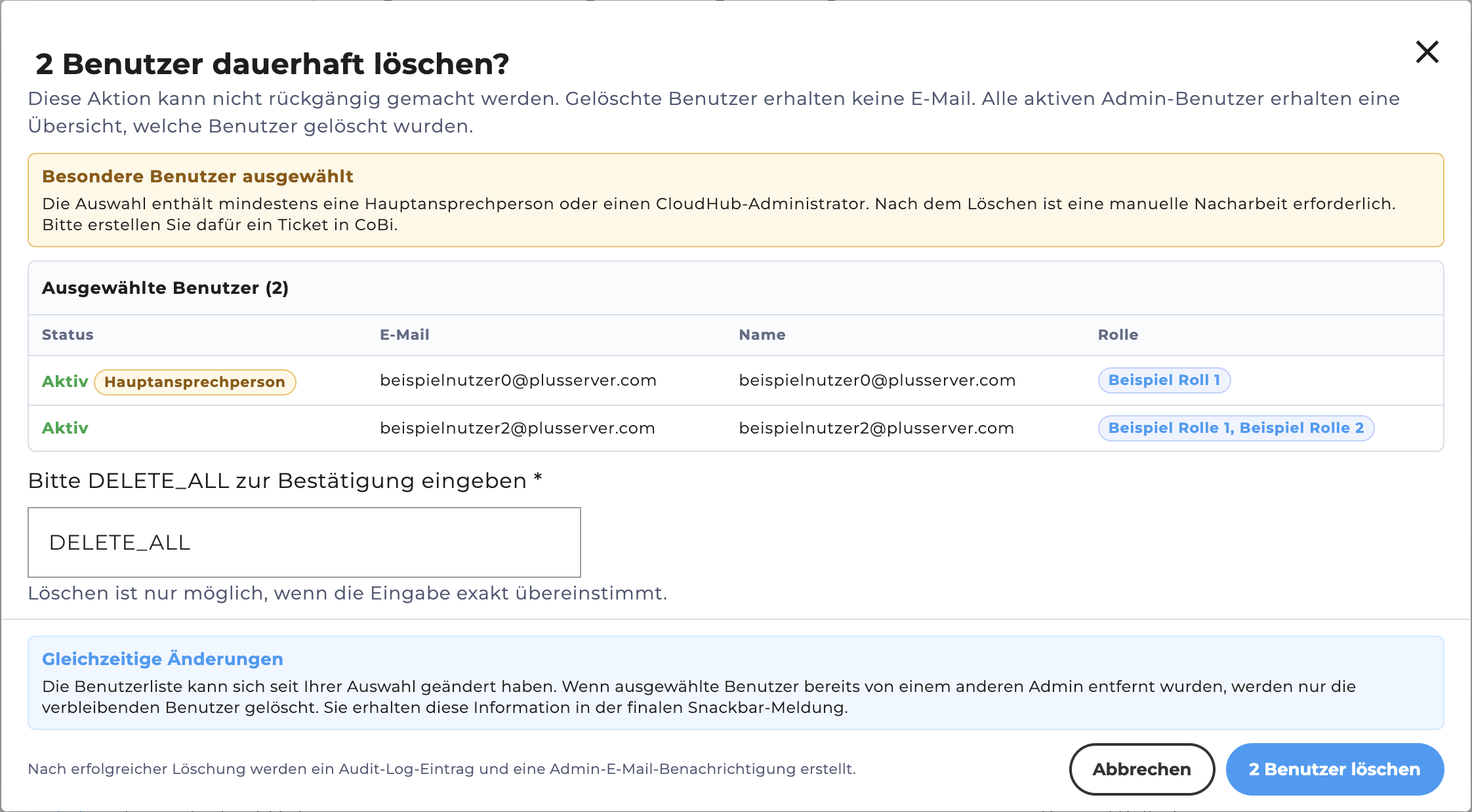 Warnhinweis bei Hauptansprechperson oder CloudHub-Administrator