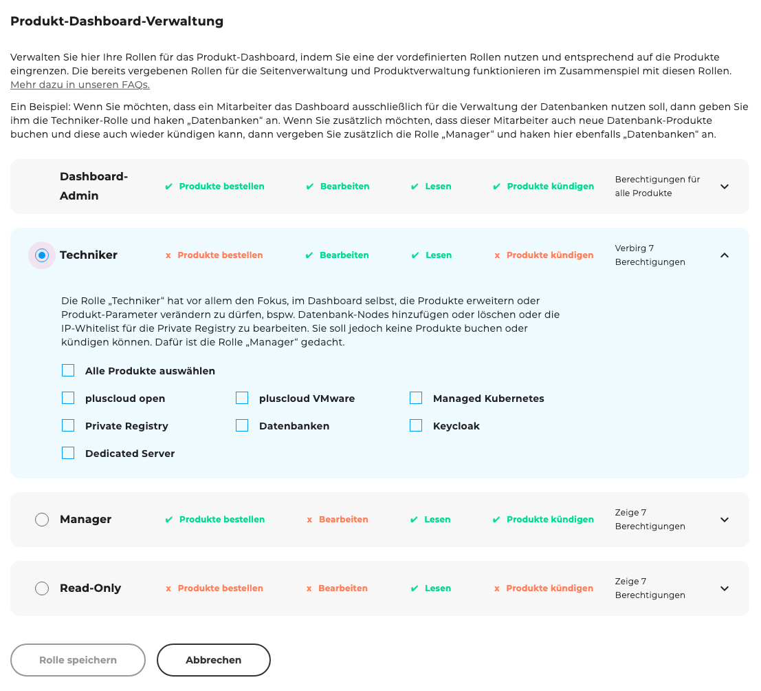 Rollen und Berechtigungen: Beispiel für die Erstellung einer Rolle für das Dashboard