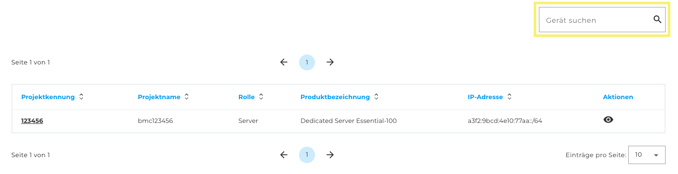 Geräte-Tabelle - Suchfeld