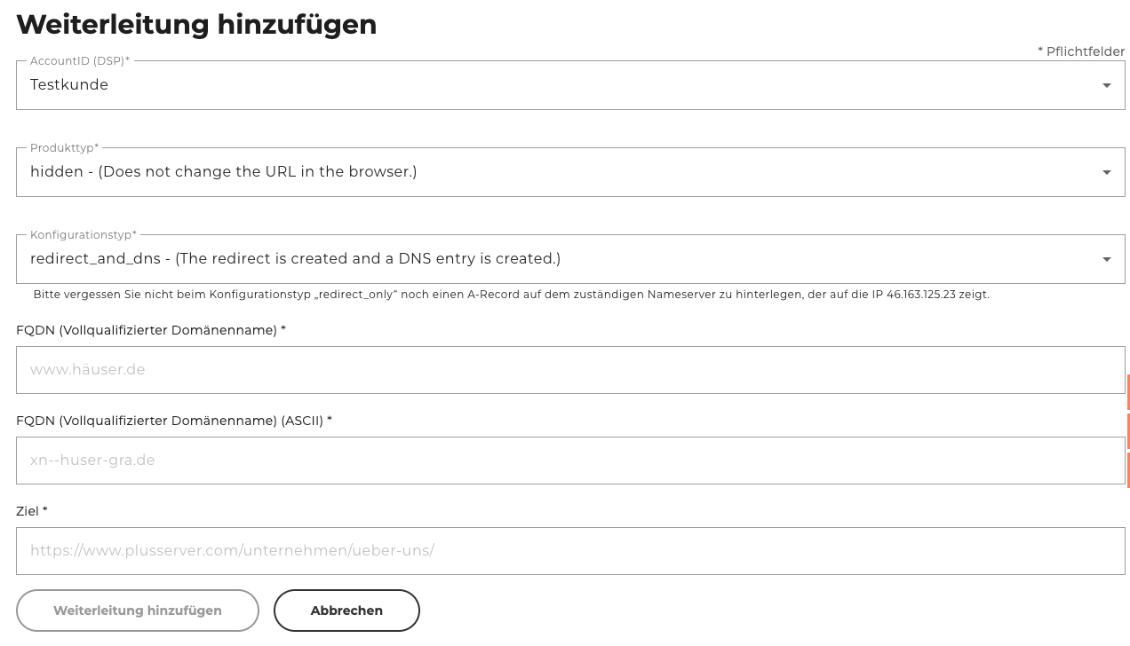 Redirects - Eintrag hinzufügen
