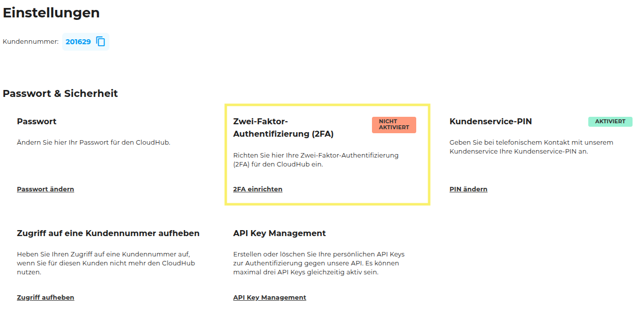 2-Faktor-Authentifizierung in den CloudHub Einstellungen