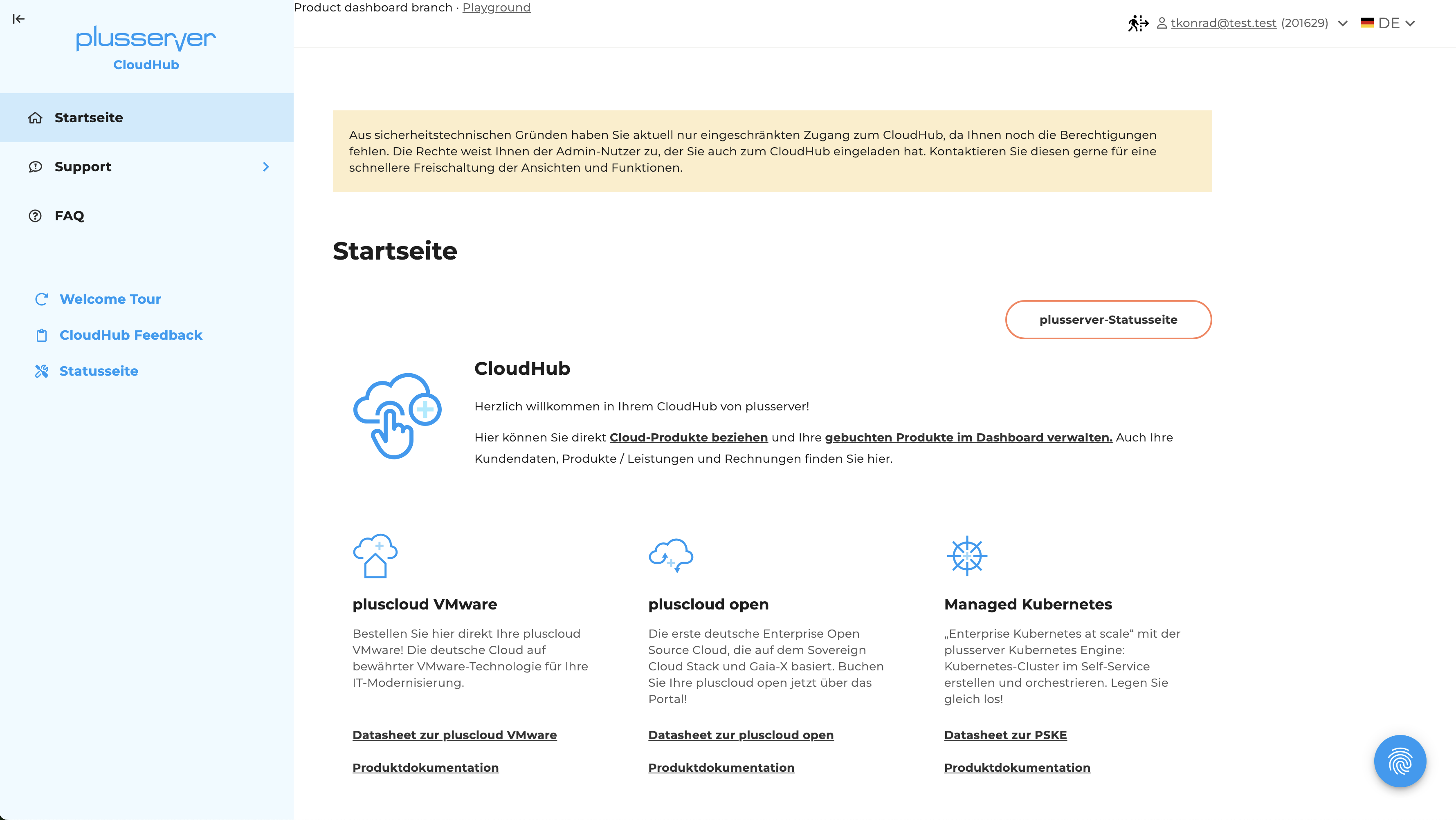 CloudHub Ansicht mit eingeschränktem Zugriff
