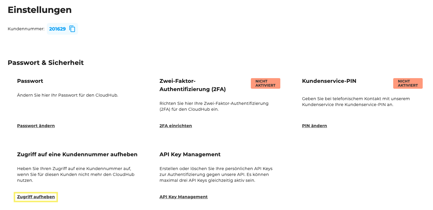 CloudHub Einstellungen - Kundennummer aufheben