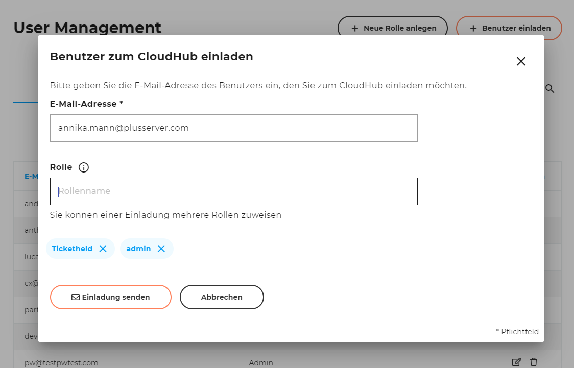 Pop-up-Fenster Neuen Benutzer einladen - Einladung versenden
