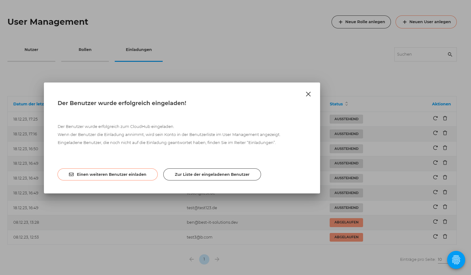 Pop-up-Fenster Neuen Benutzer einladen - Einladung erfolgreich versendet