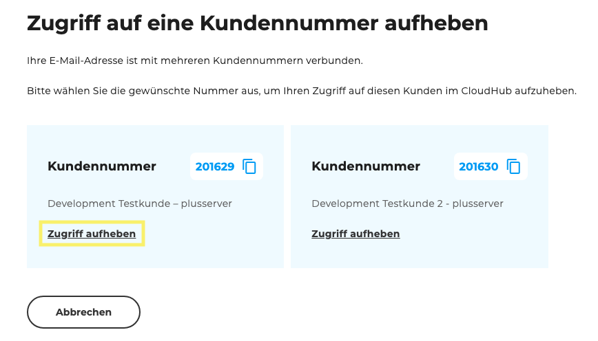 Auswahl der Kundennummer, auf die der Zugriff aufgehoben werden soll