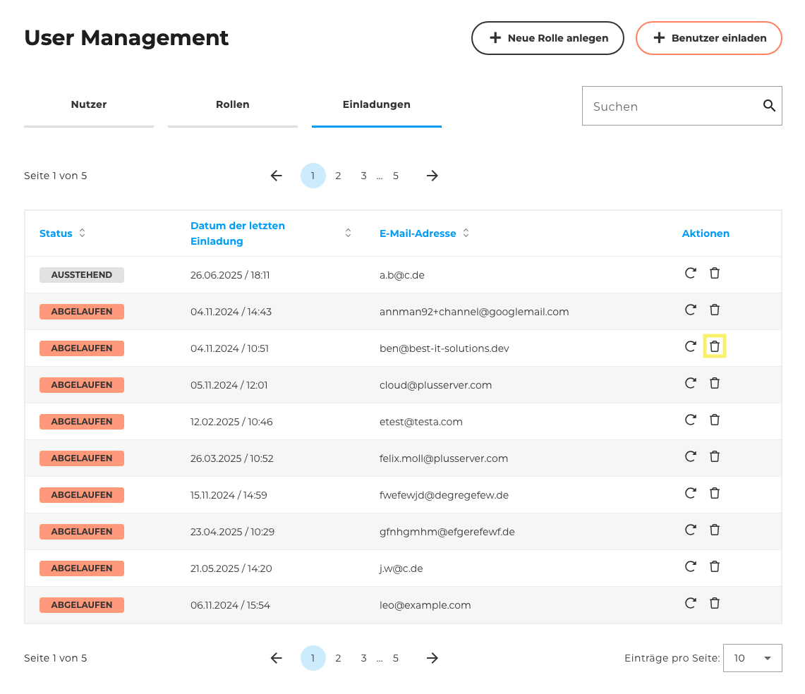 User Management - Einladung löschen