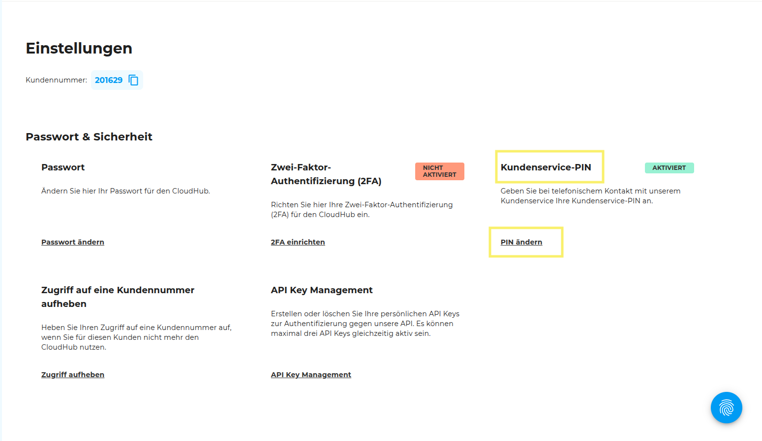 customer support pin settings