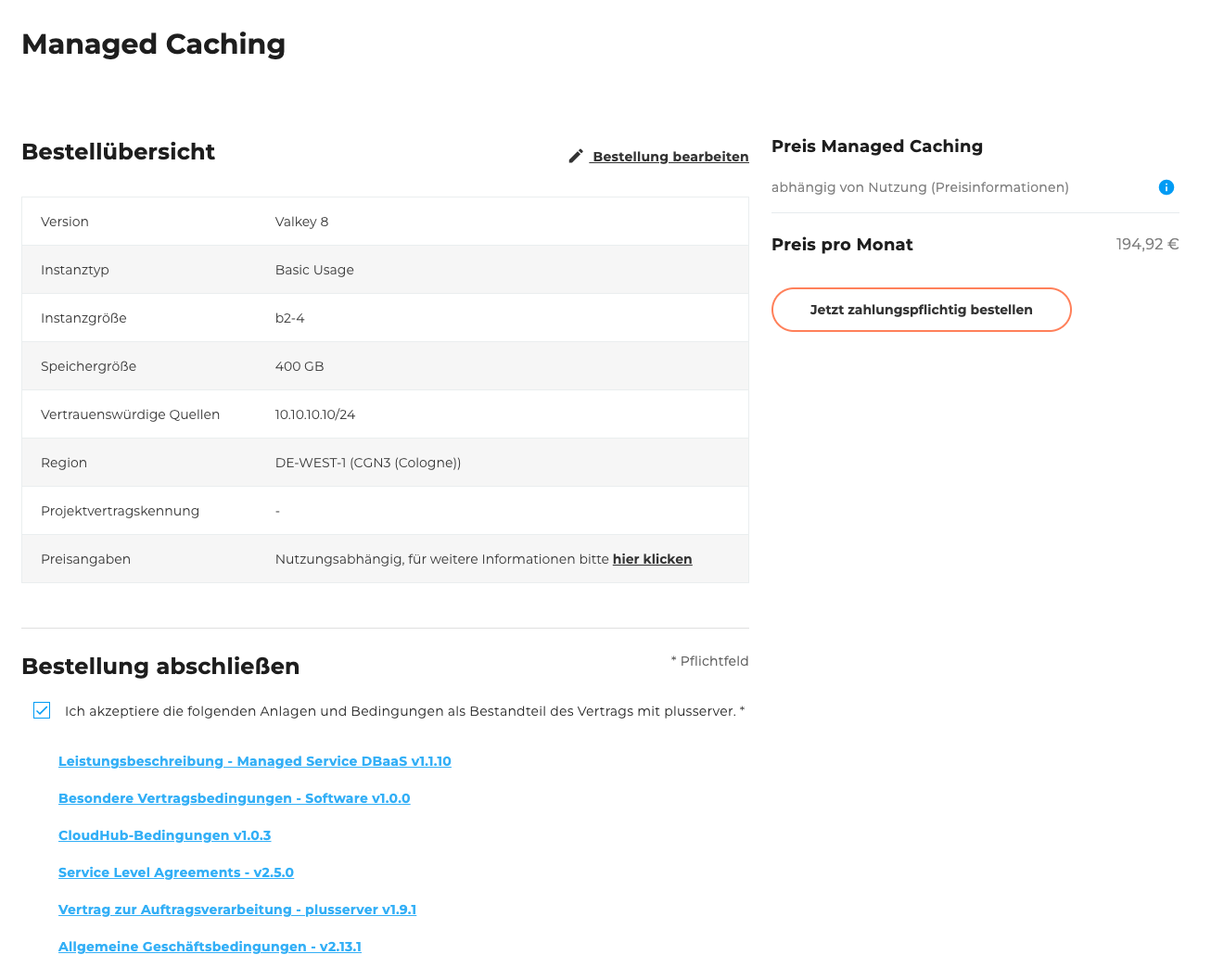 Managed Caching Bestellübersicht