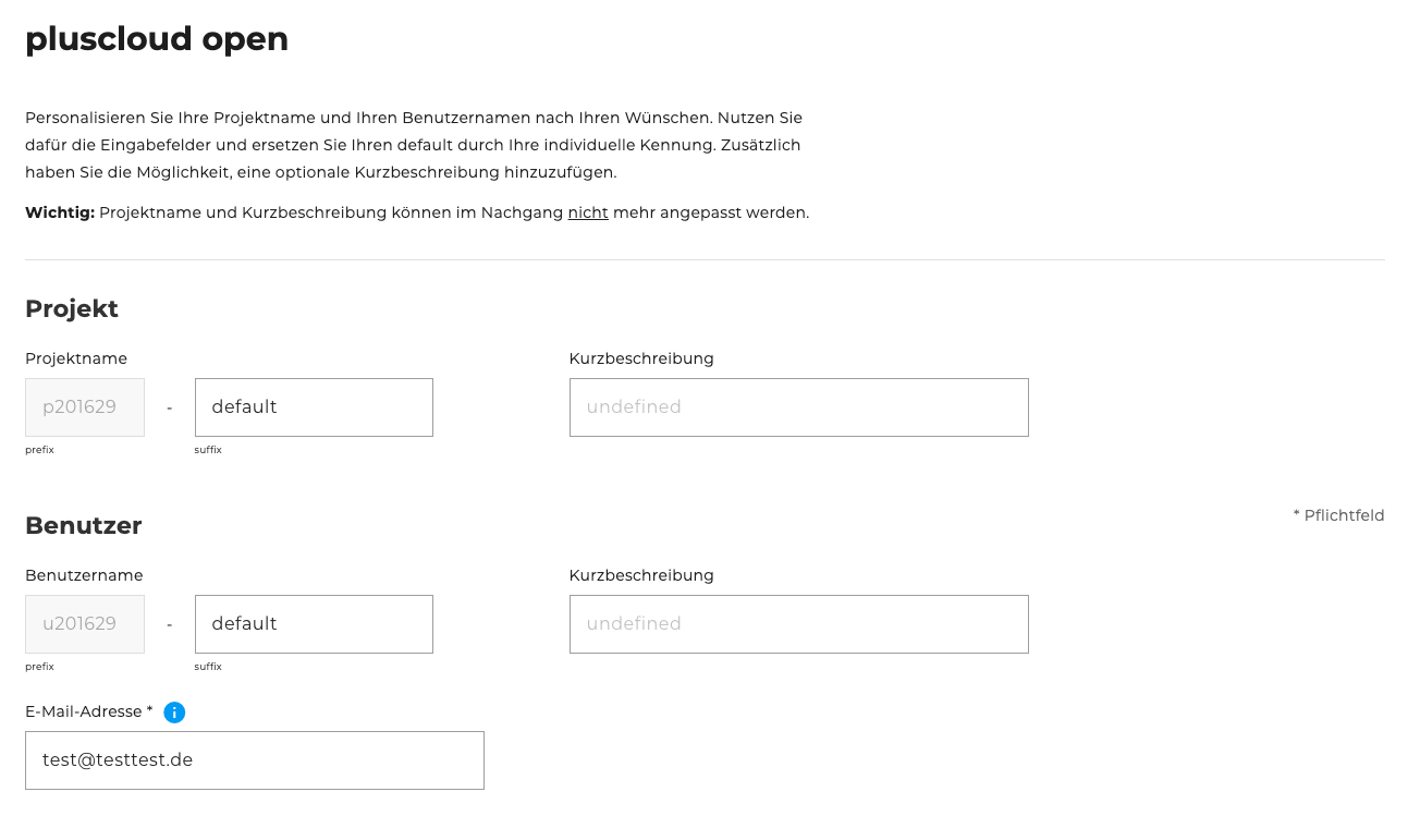 PCO Projekt und Benutzer Eingabe