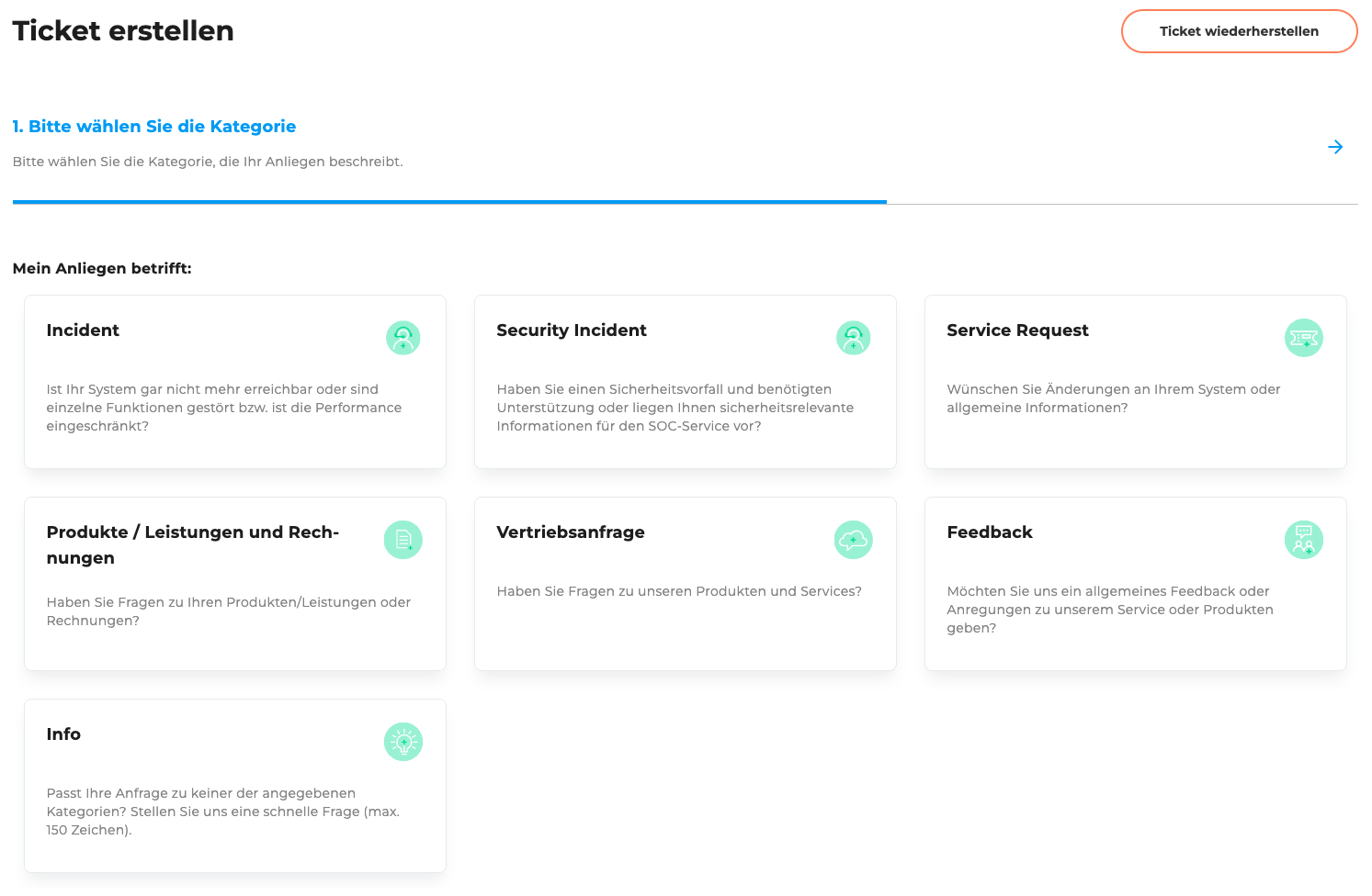 Ticketerstellung: Kategorieauswahl