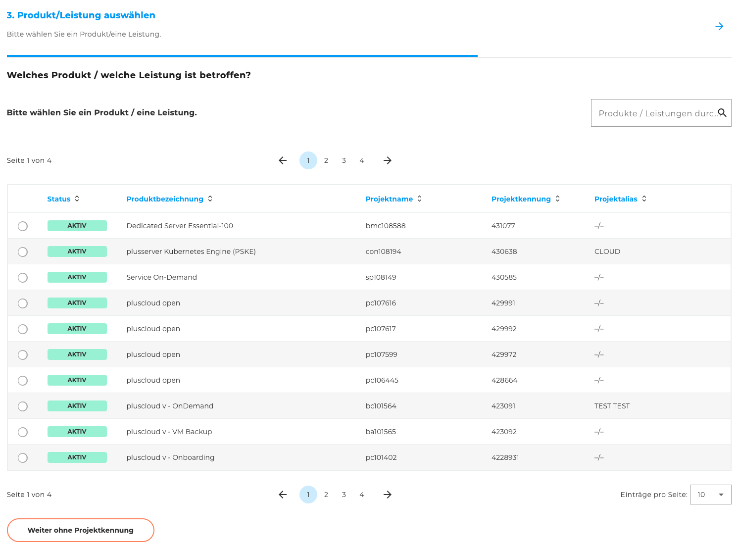 Ticketerstellung: Auswahl eines Produktes/Dienstleistung