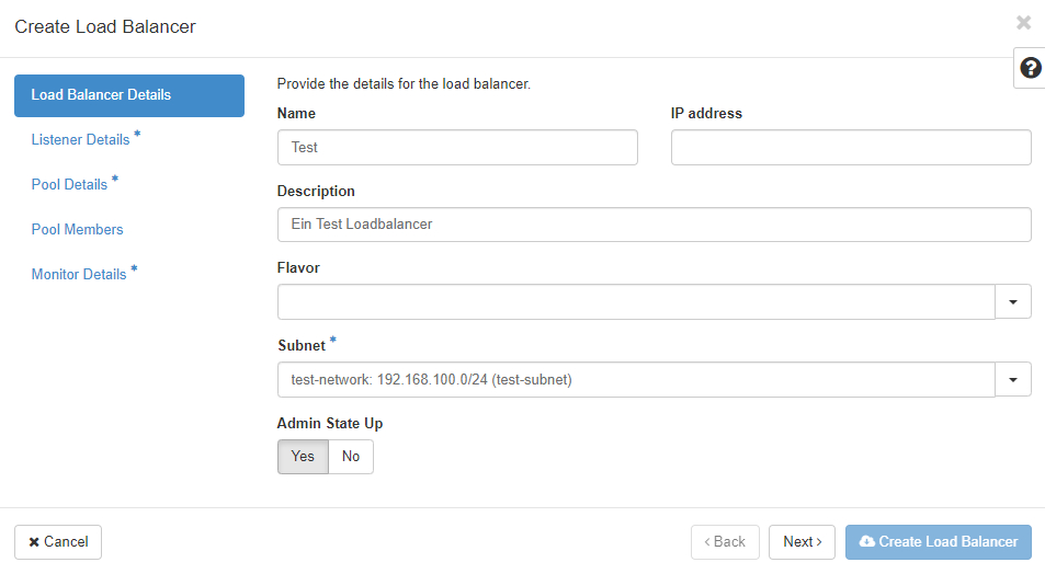 Screenshot des Menüs “Loadbalancer erstellen”
