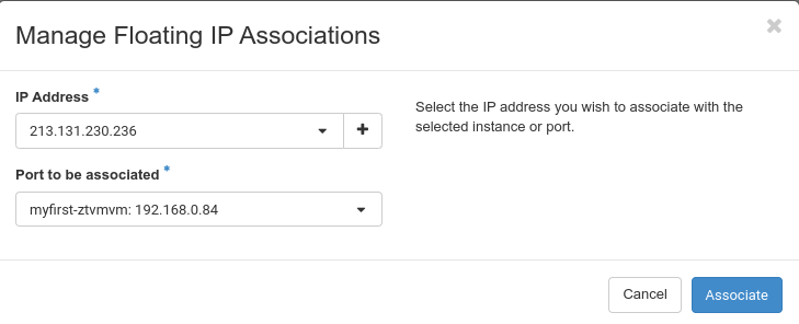 Screenshot des Menüs “Floating IP zuordnen” mit zugewiesener IP
