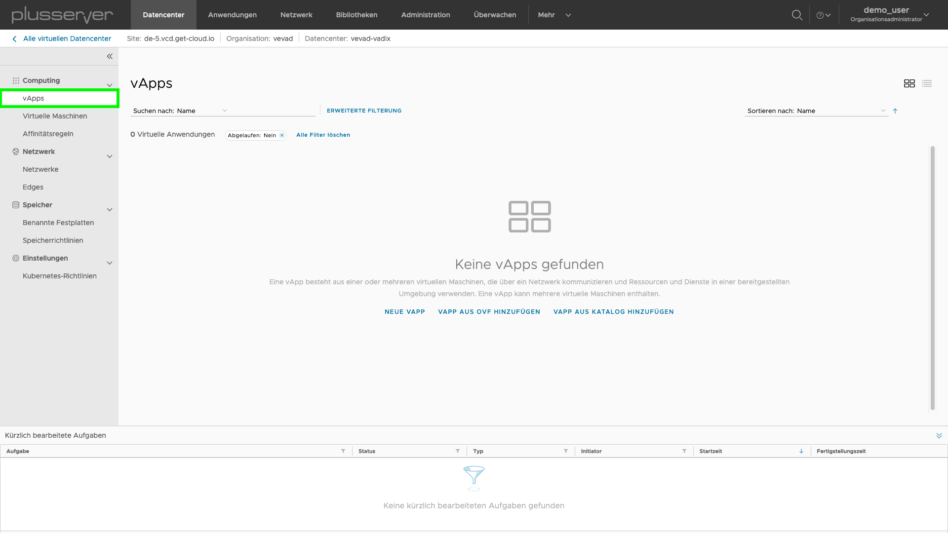 Screenshot: vApps Ansicht