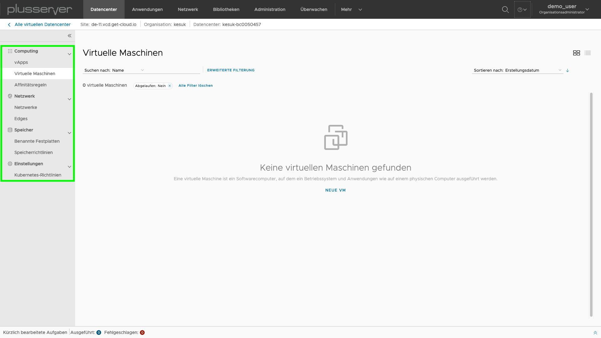 Screenshot: OrgVDC Verwaltung