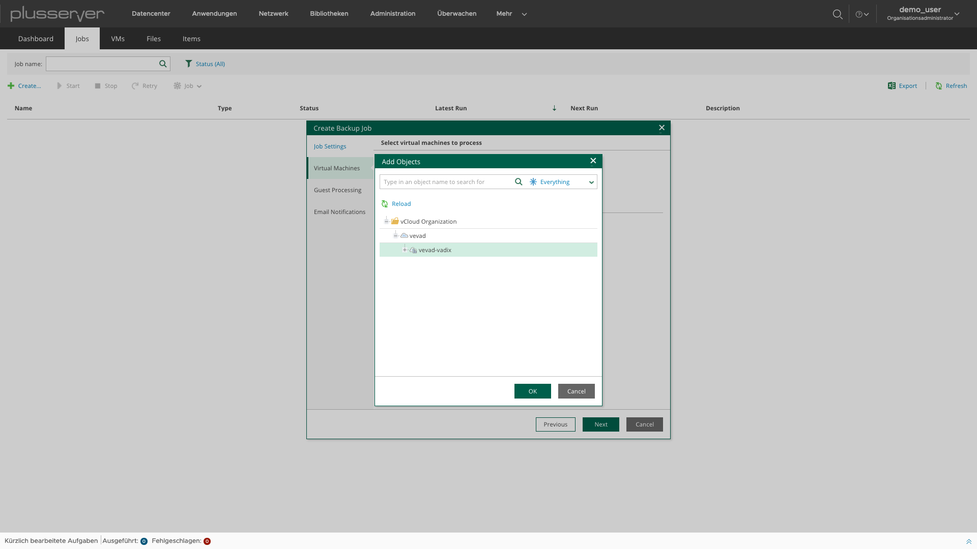 Screenshot: Erstellung Backup Job: OrgVDC auswählen