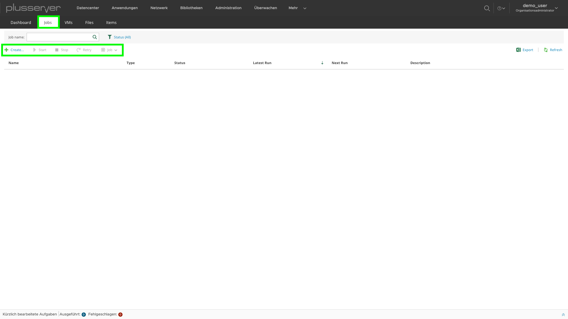 Screenshot: Job-Tab des Backup-Portals