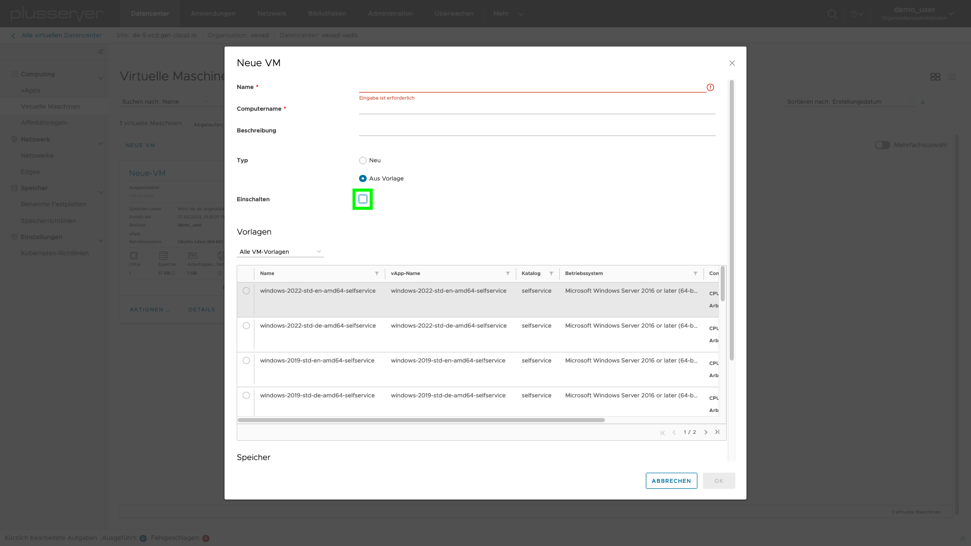 Screenshot: VM erstellen Formular