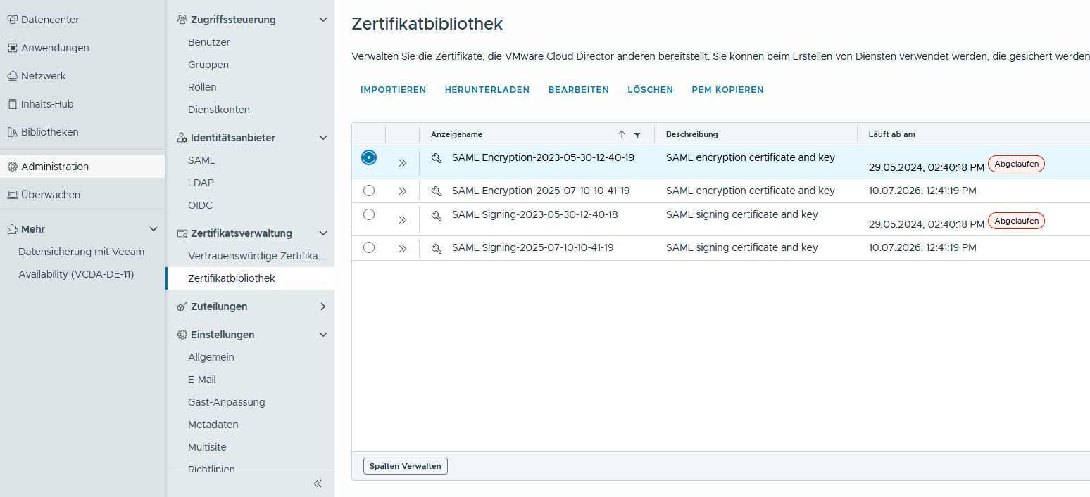 Entfernen der abgelaufenen Zertifikate Entfernen der abgelaufenen Zertifikate