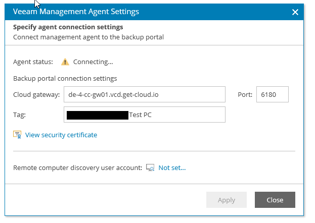 Screenshot: Veeam Management Agent Settings Wizardfenster