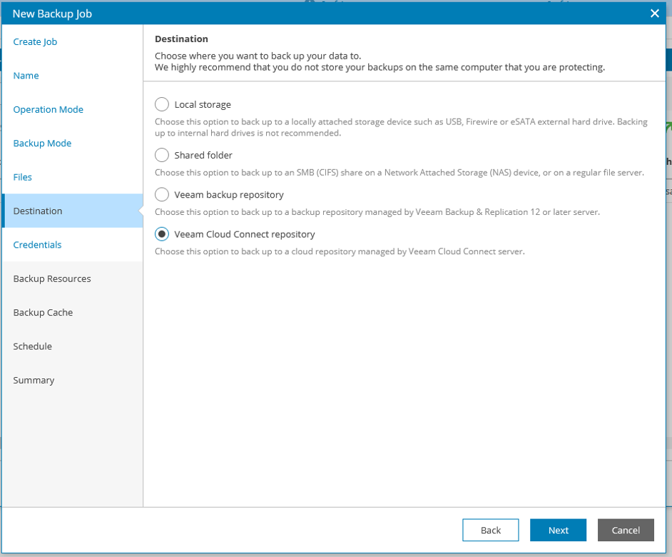 Screenshot: Destination Veeam Cloud Connect Repository Screenshot: Destination Veeam Cloud Connect Repository