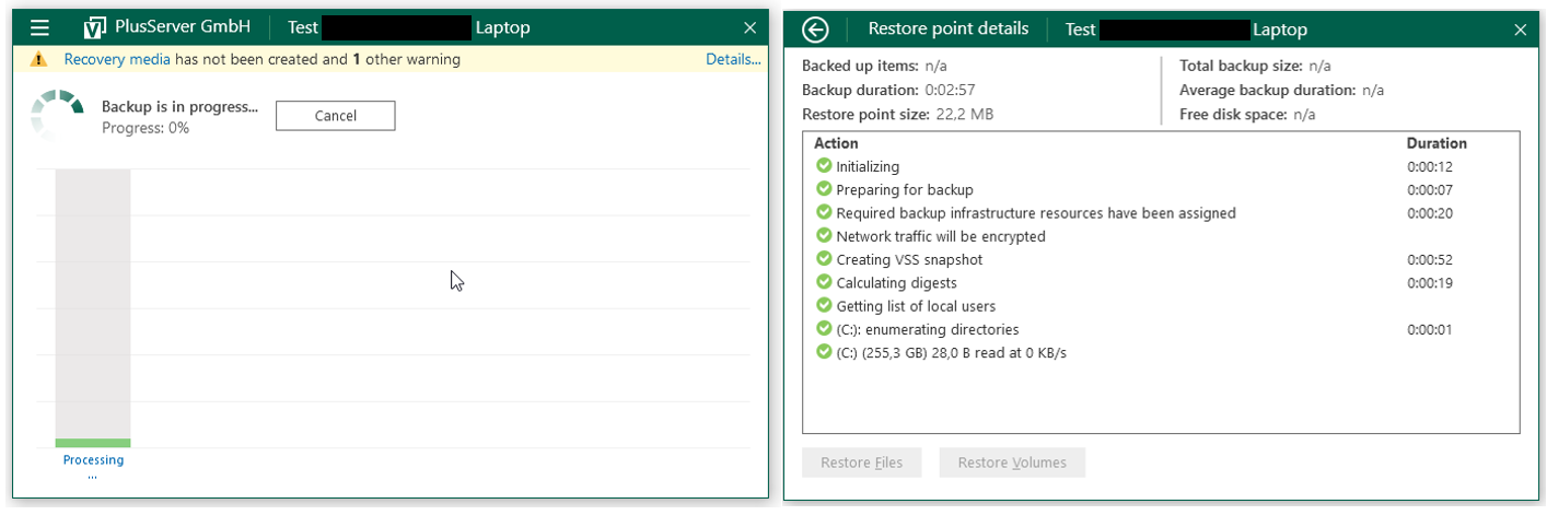 Screenshot: Status und Restore point details Screenshot: Status und Restore point details