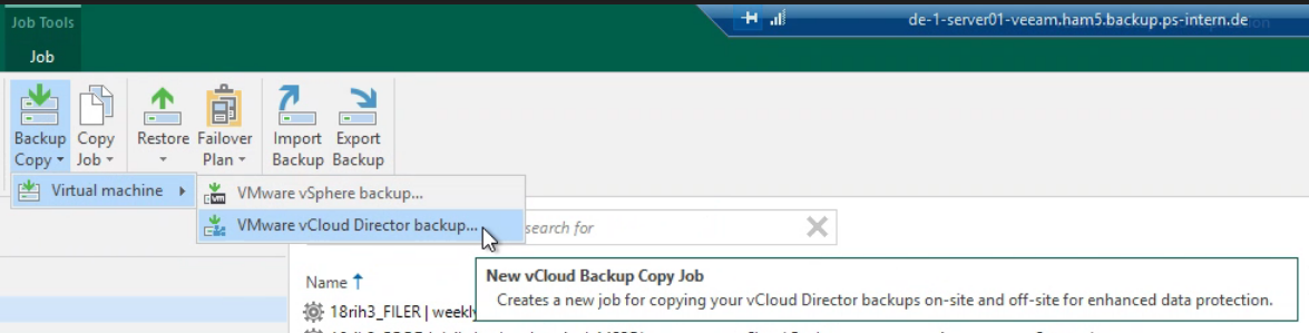 Screenshot: new vCloud backup Copy Job