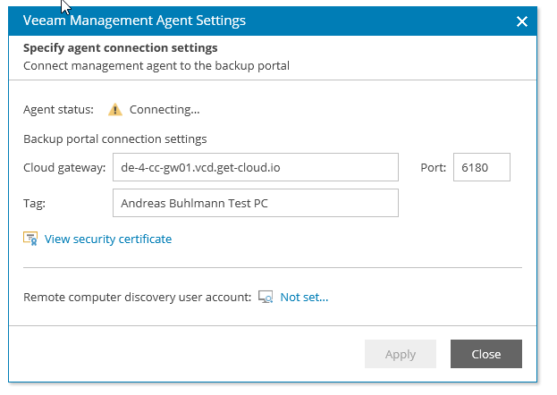 Screenshot: Veeam Management Agent Settings Wizardfenster