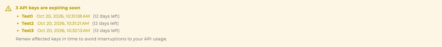API Key Overview Banner: API Keys Expiring