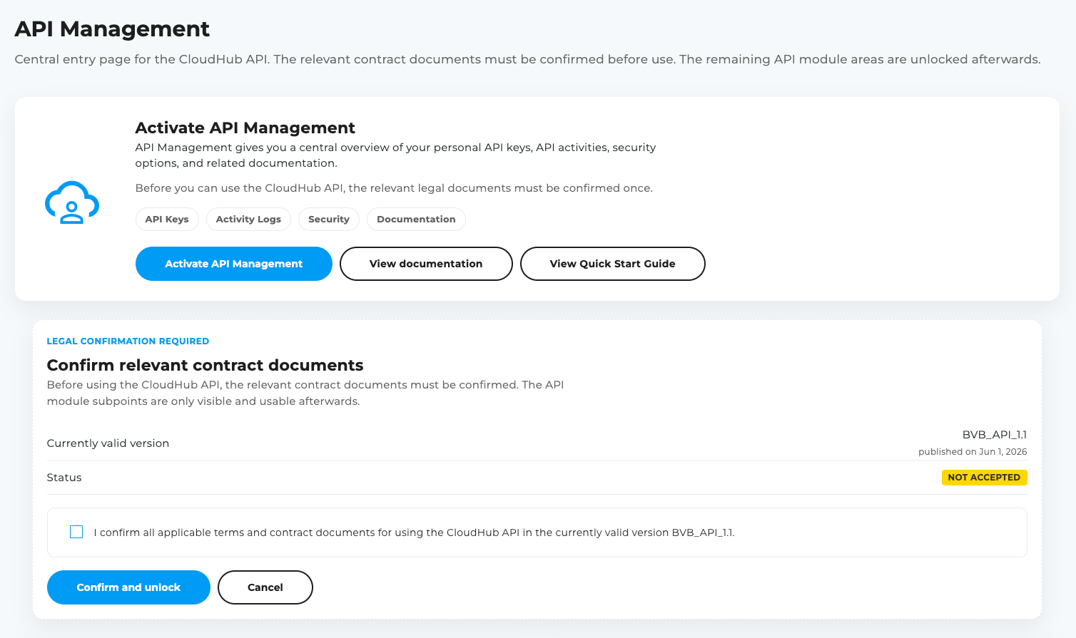 Accept API terms and contractual documents