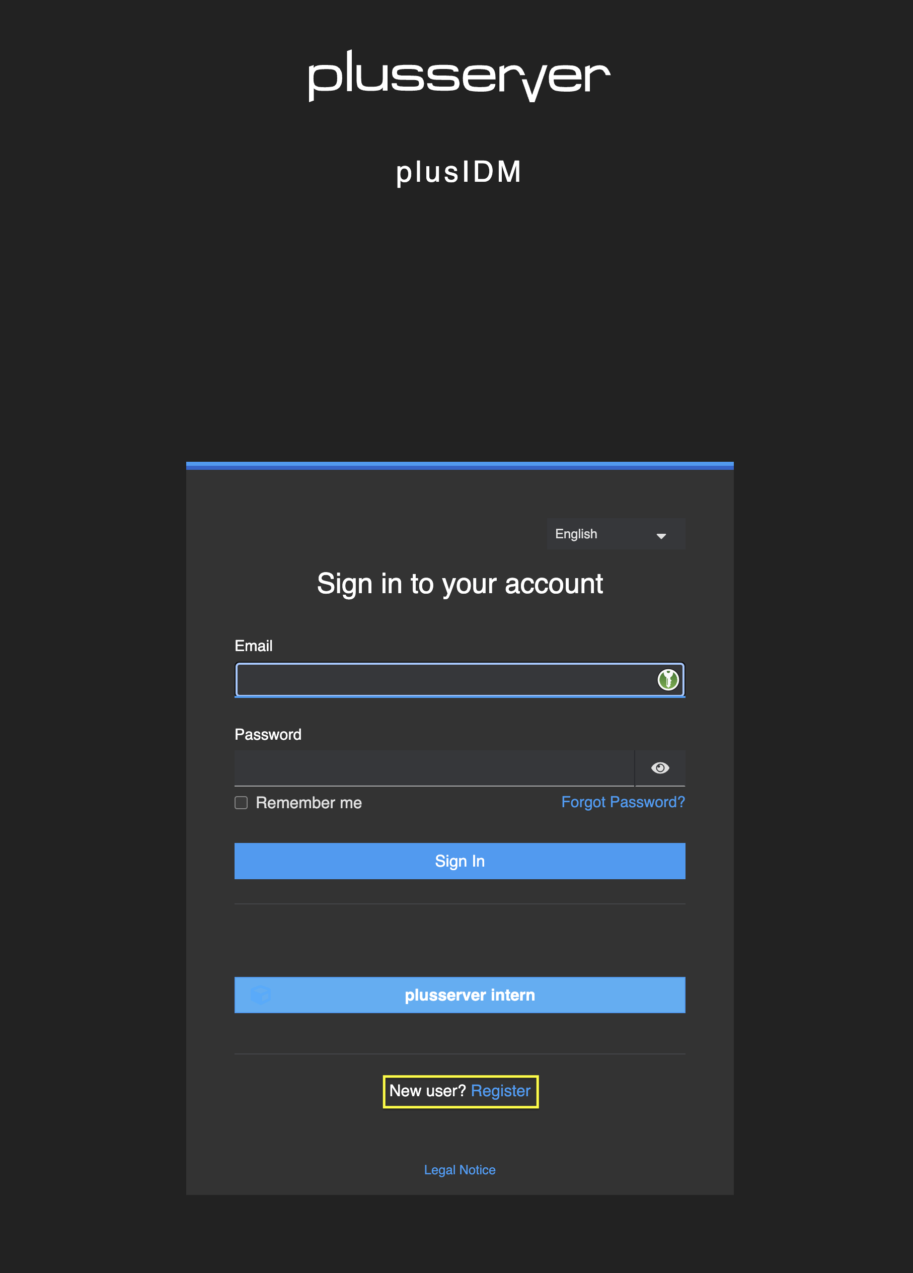 plusIDM - Sign-in page with registration link