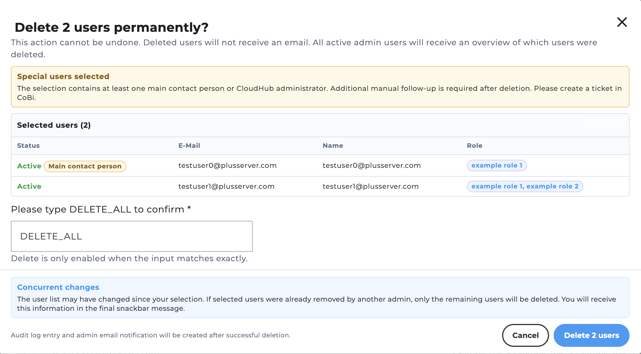 Warning for main contact person or CloudHub administrator
