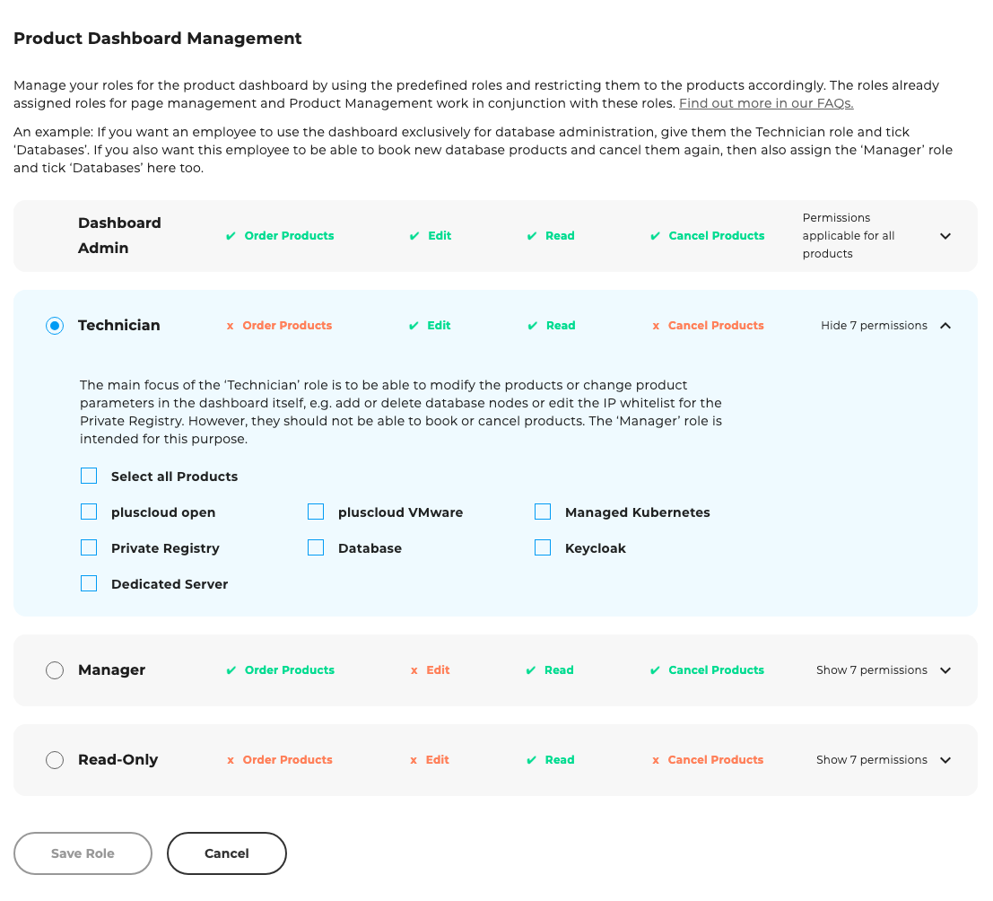 Roles & Permissions: Example create role for the dashboard
