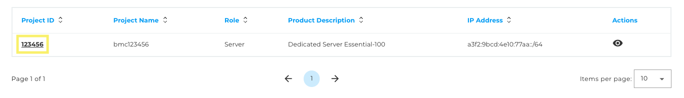 Devices table - Product detail view