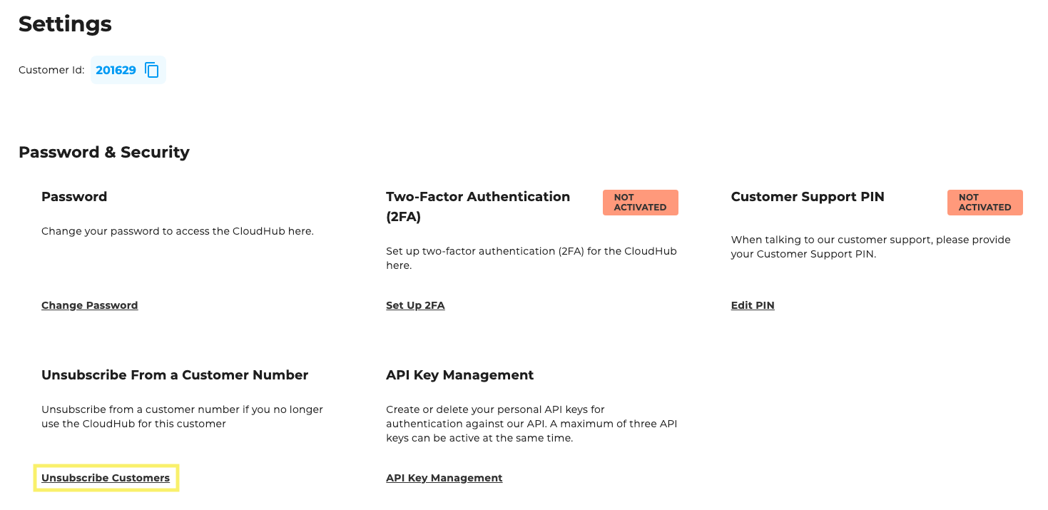 CloudHub Einstellungen - Cancel customer number