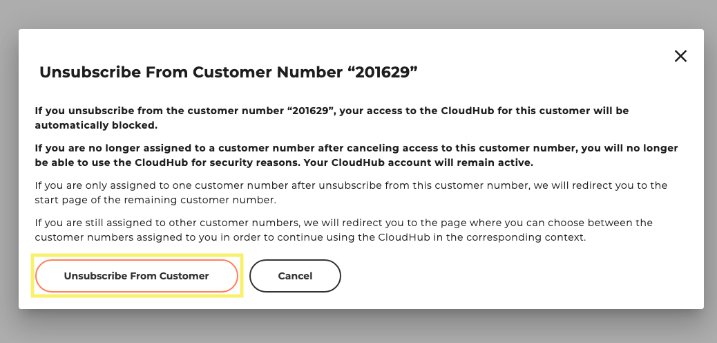 Confirmation of cancellation of access to the customer number