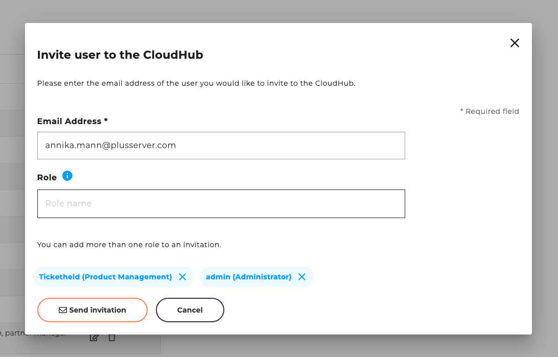 Pop-up window Invite new user - Send invitation