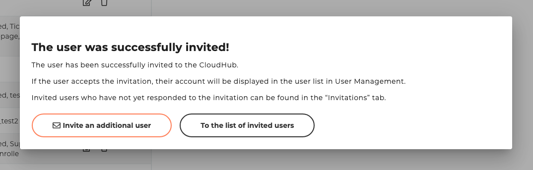 Pop-up window Invite new user - Invitation sent successfully