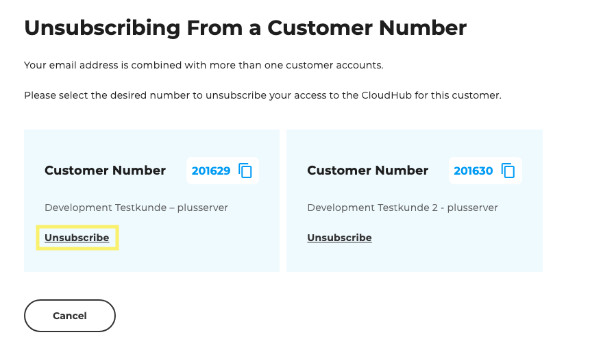 Selection of the customer number to which access is to be cancelled