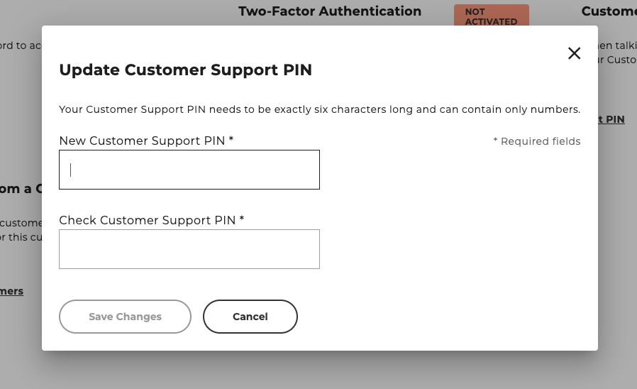 Customer support change pin