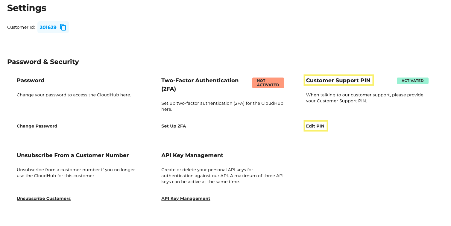 Customer support pin settings