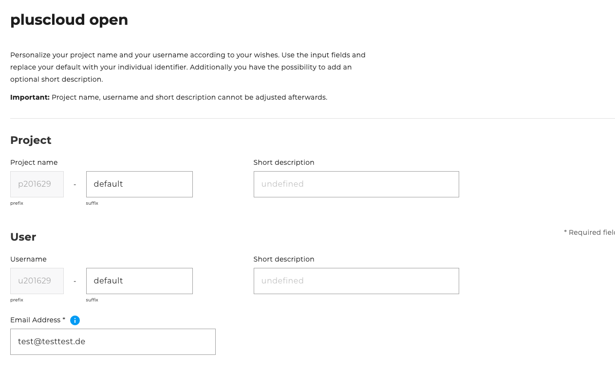 PCO Projekt und Benutzer Eingabe