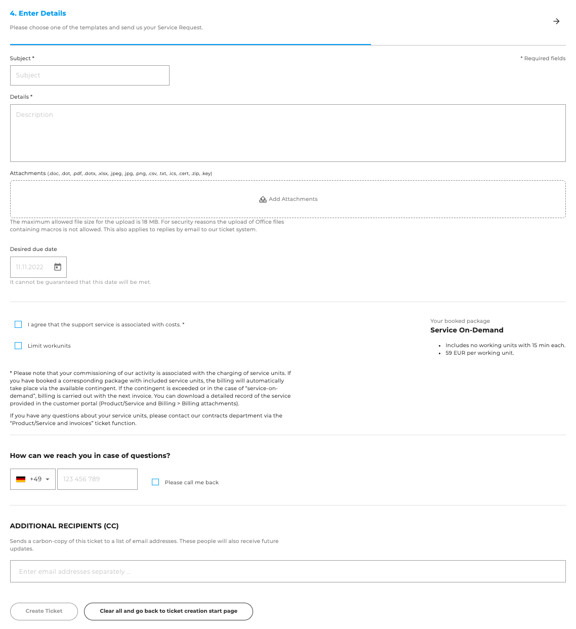 Ticket creation: Entering ticket details